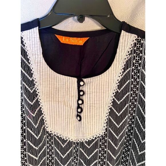 La Fille Made In India Kurta Tunic Black White Boho Victorian Size 28 Small - Picture 7 of 11